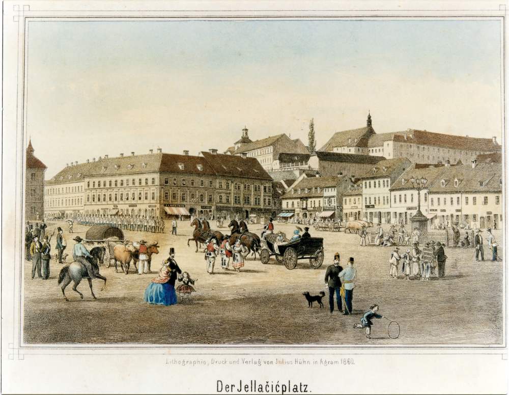 Trg bana Jelačića 1860. godine (litografija Juliusa Hühna), kolorirana razglednica